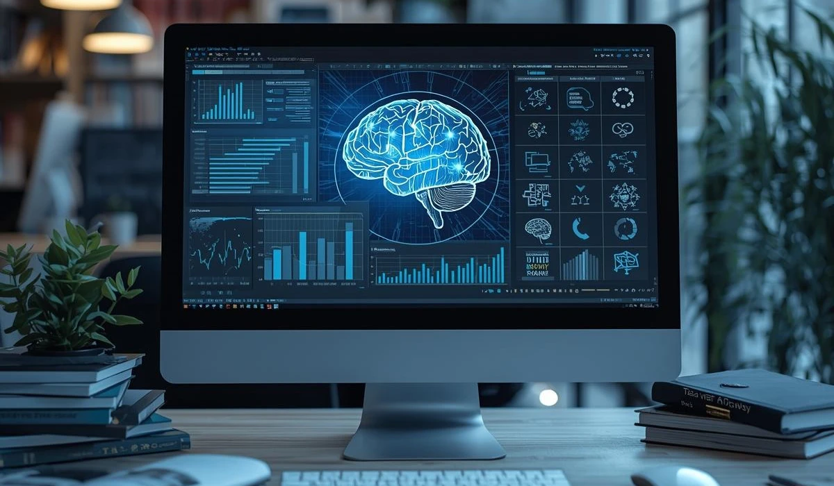An illustration showing AI integration in healthcare, featuring robots and digital interfaces enhancing patient care.