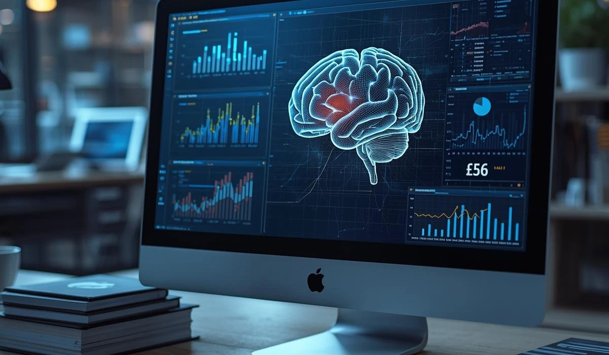 A computer screen displays a brain graphic, symbolizing technology and cognitive processes.