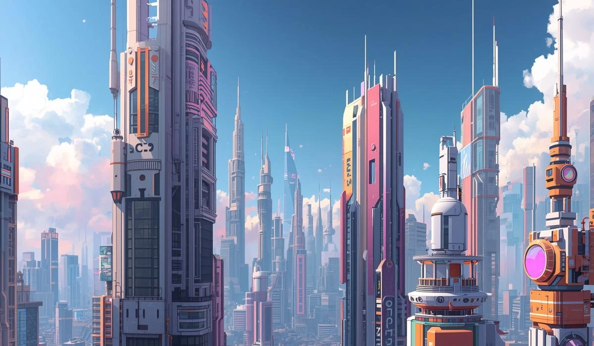 A vibrant futuristic cityscape featuring tall skyscrapers rising above fluffy clouds.