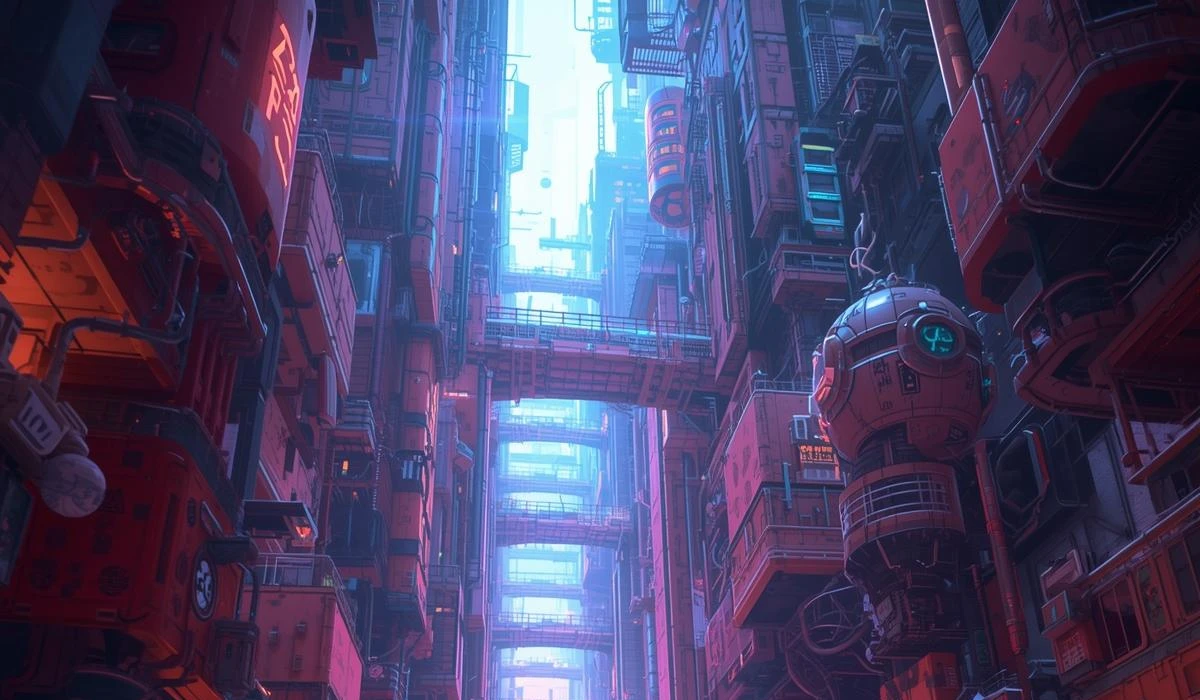 A vibrant futuristic cityscape filled with towering buildings illuminated by colorful neon lights.