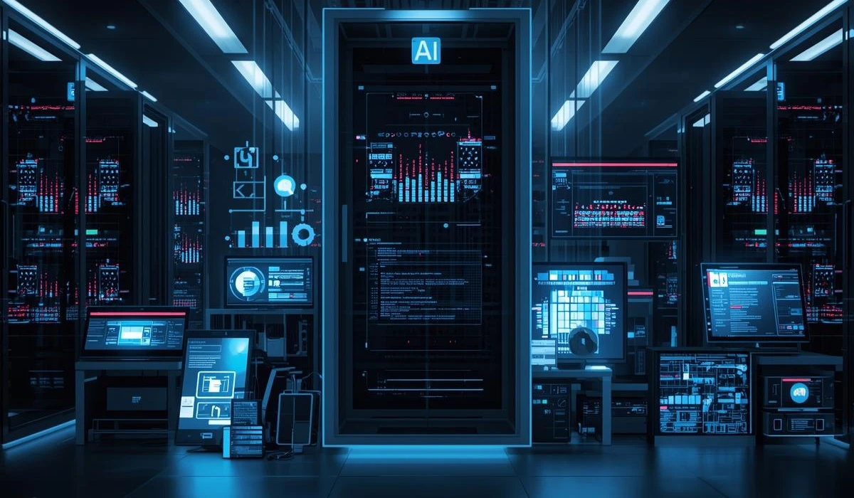 A vibrant computer room featuring numerous screens and computers, highlighting a collaborative workspace.