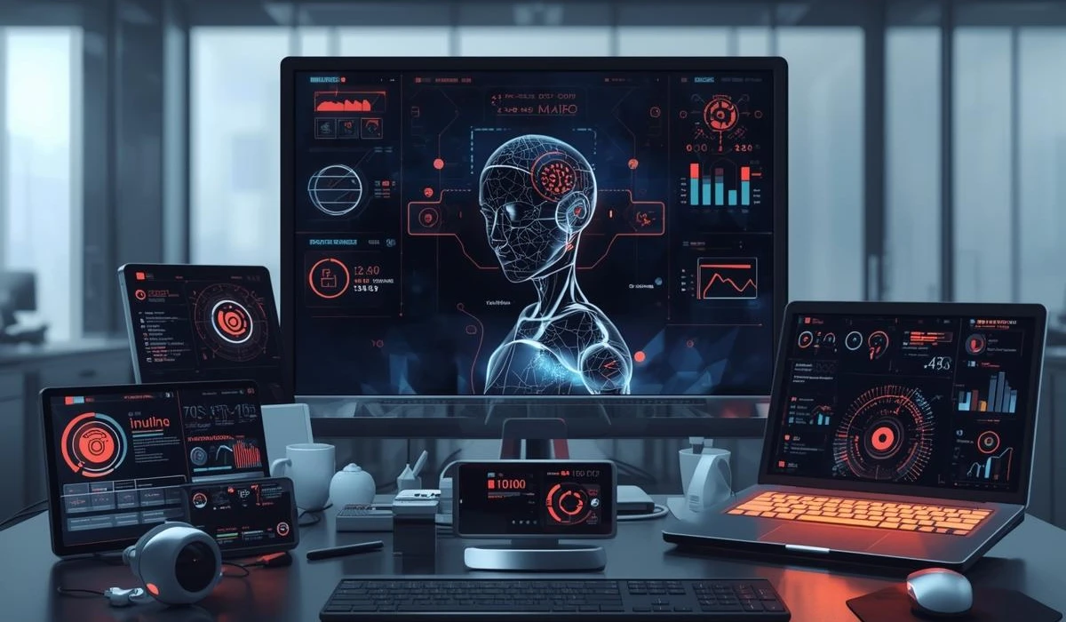 A man appears on a computer screen, using a laptop, immersed in his work environment.