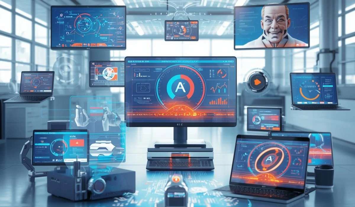 Multiple computers and monitors arranged together, each showing different screens in an office setting.