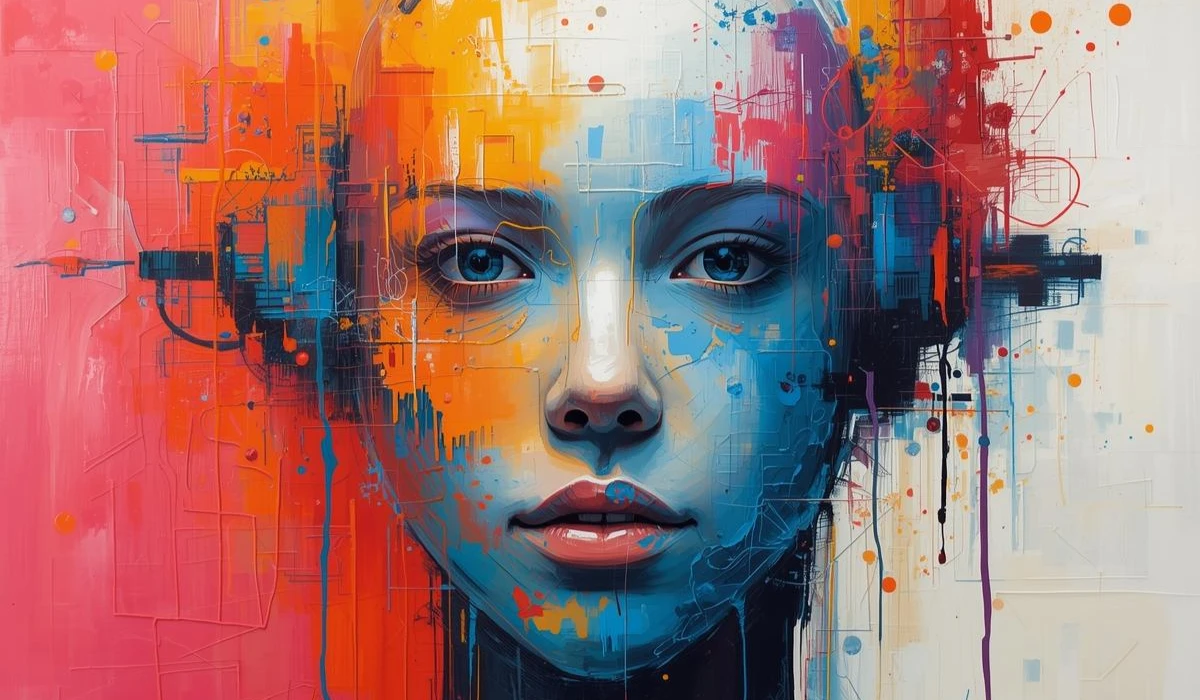 A colorful painting featuring a woman adorned with bright paint splatters, highlighting her artistic spirit and energy.