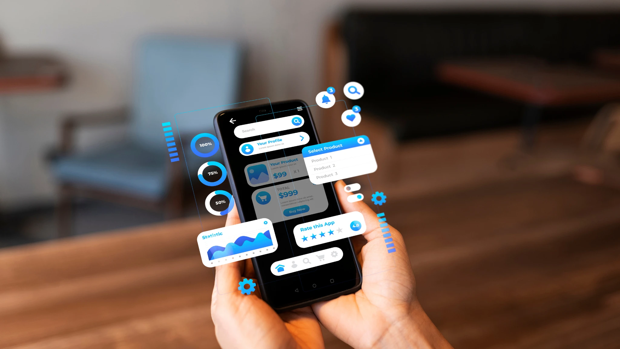 A person holding a smartphone displaying a virtual assistant interface, ready to assist with tasks and questions.