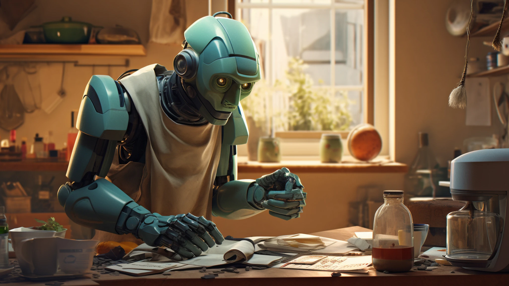 A robot sits at a table, enjoying a cup of coffee in a cozy setting.
