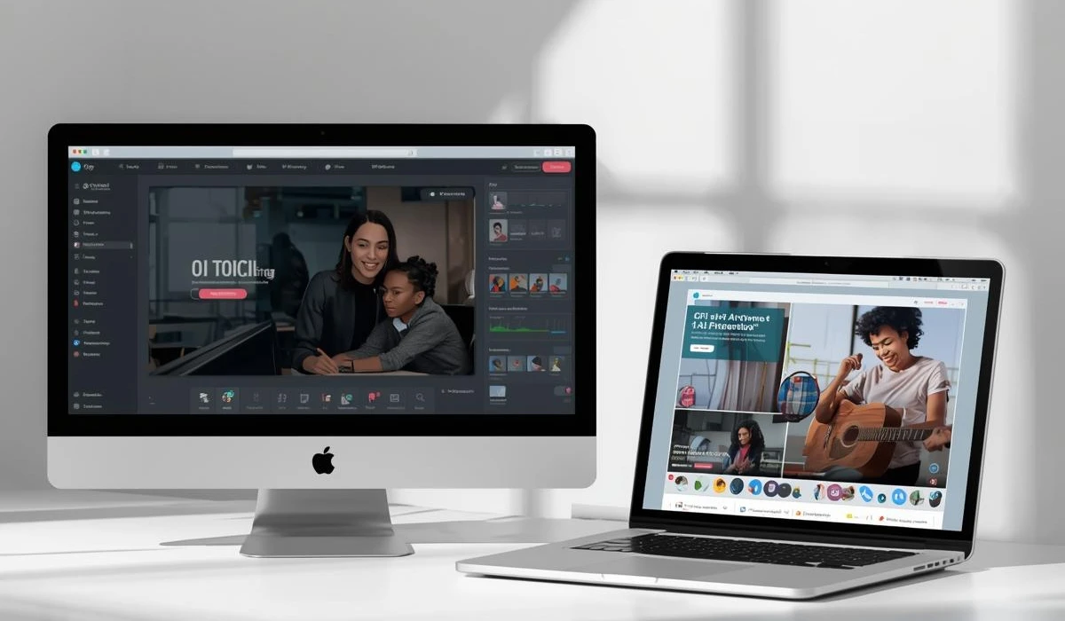 A desktop and laptop with 'YouTube' visible on the screens, highlighting online video content.