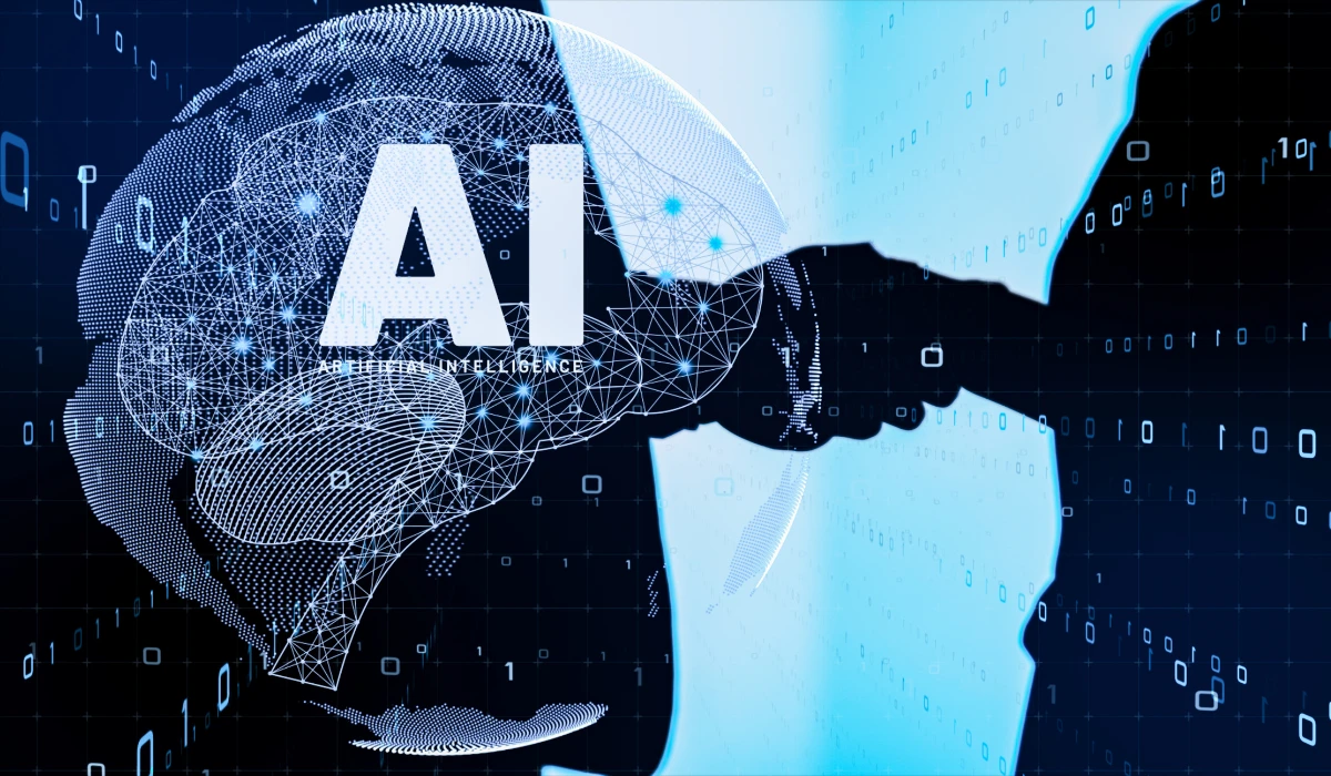 A futuristic workspace featuring AI technology, illustrating the evolving relationship between AI and the future of work.