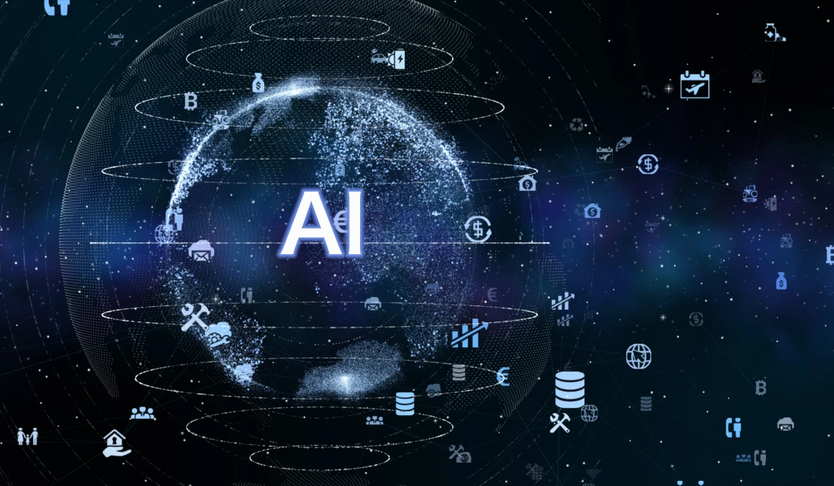 A futuristic digital landscape illustrating AI's impact on the internet, featuring interconnected networks and vibrant data streams.