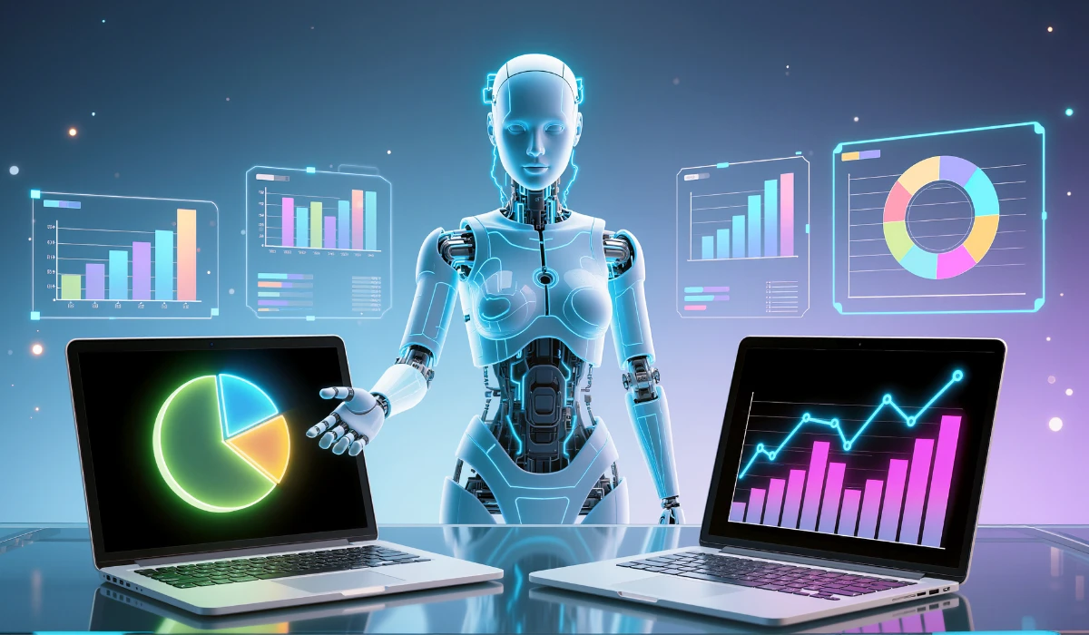 A friendly robot next to two laptops, each showing vibrant graphs and charts, indicating data trends.