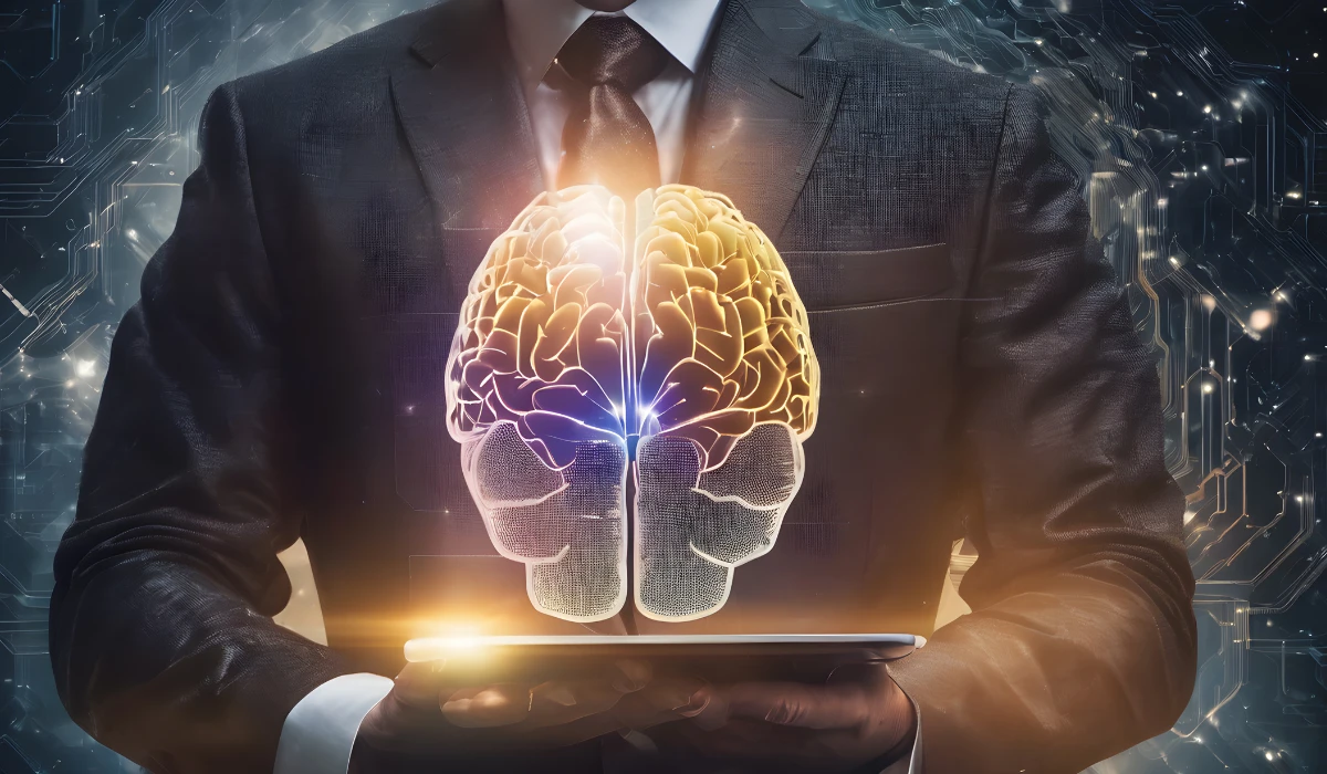 A man in a suit holds a tablet displaying a brain, symbolizing technology and intelligence.