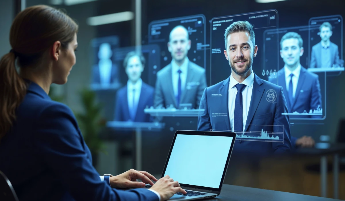 A businesswoman in a suit uses her laptop, which shows a video conference with several participants on the screen.
