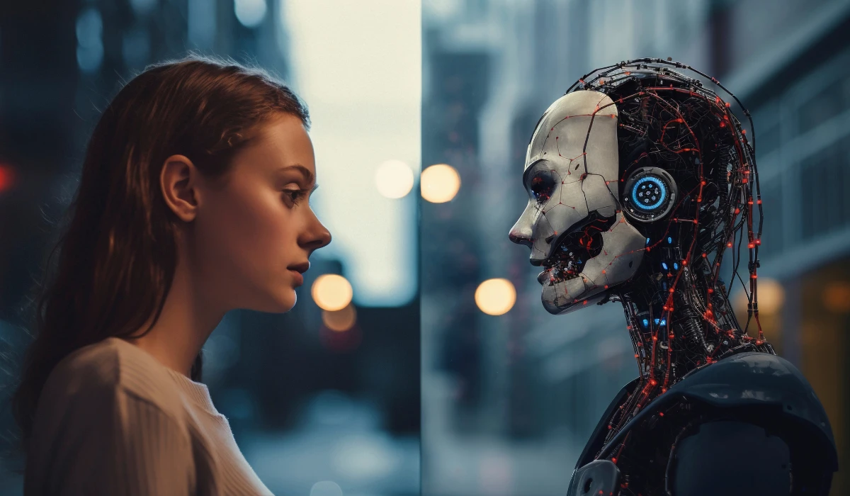 A woman and a robot are shown in two images, highlighting their interaction and connection.