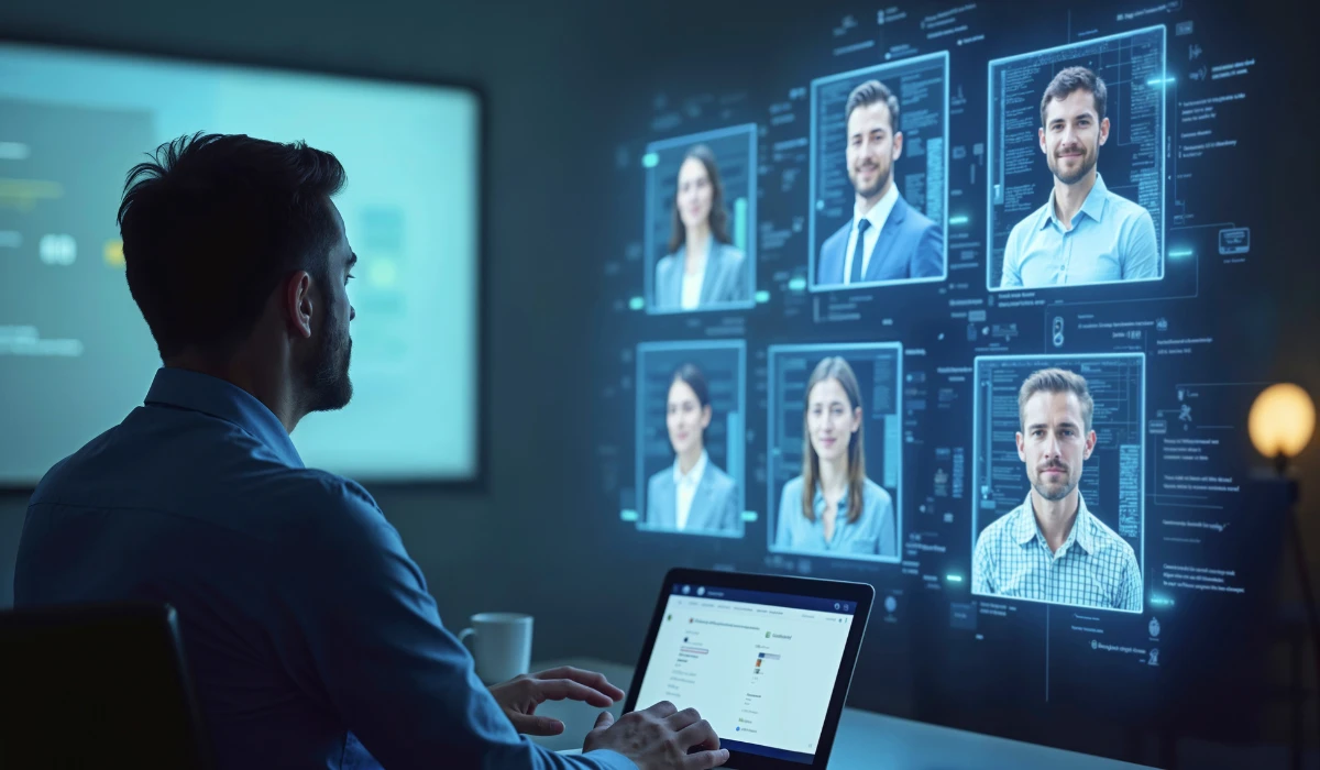 A man types on a laptop, with a video call displaying multiple faces on the screen in front of him.