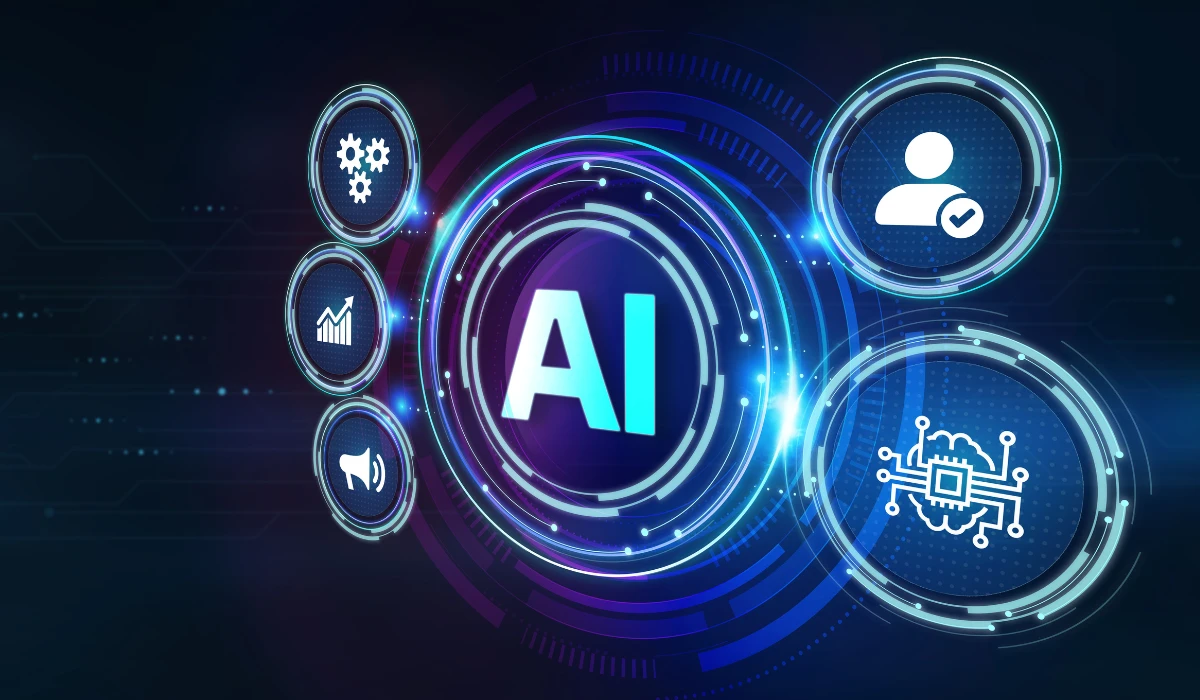 Visual representation of AI's impact on future workplaces, highlighting innovation and teamwork in a digital environment.