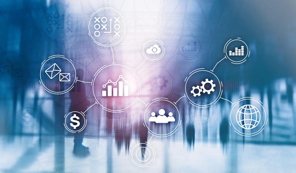 Business professionals in the background with various business icons representing teamwork and collaboration.