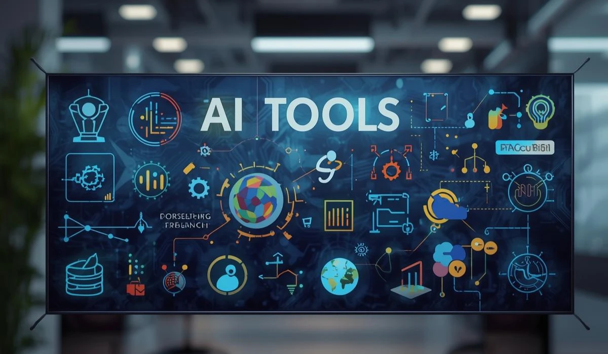 A modern office workspace featuring various AI tools and devices on a desk, promoting productivity and innovation.