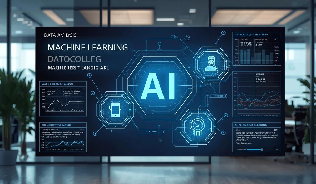 Employees in a bright office using AI tools on laptops, enhancing productivity and teamwork in the workplace.