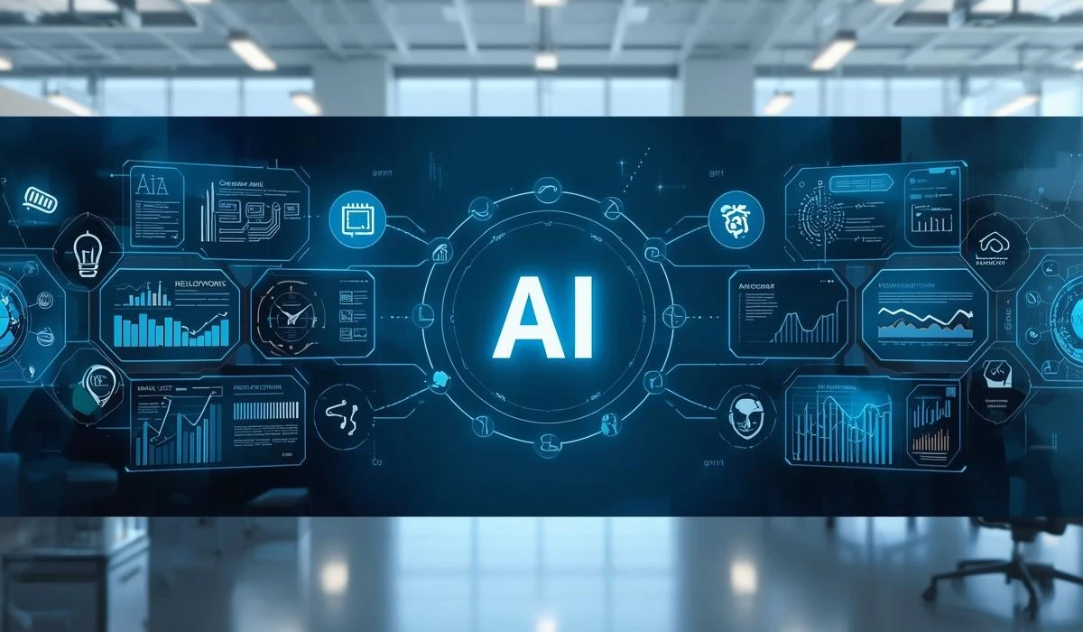 A modern office scene featuring AI technology, with computers and digital interfaces enhancing productivity and collaboration.