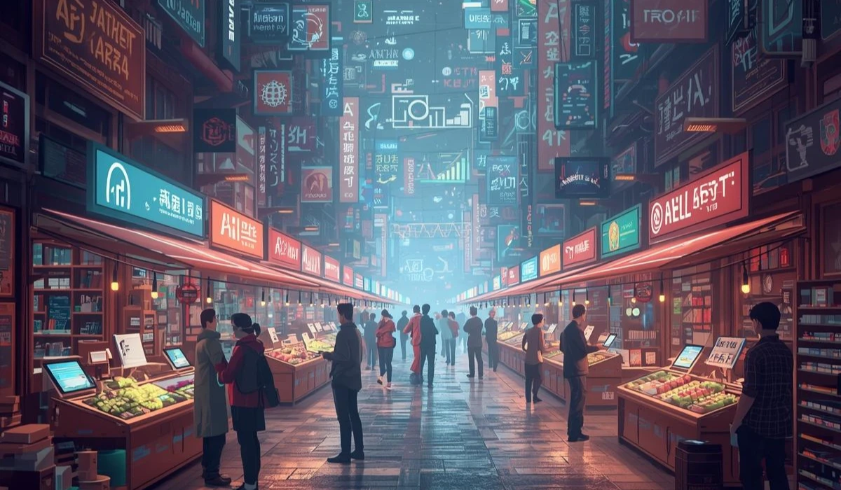 A lively city street scene with pedestrians strolling, showcasing the energy and diversity of urban life.