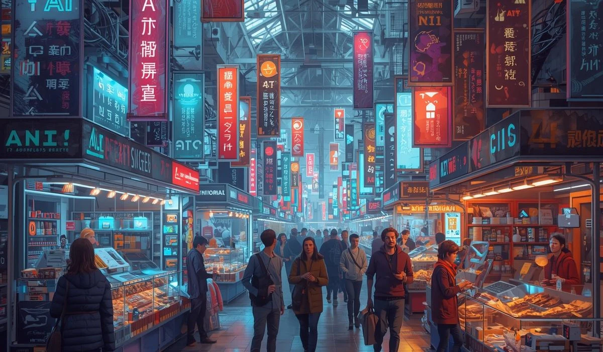 A colorful painting of a market, featuring people walking and browsing among stalls filled with goods and vibrant displays.