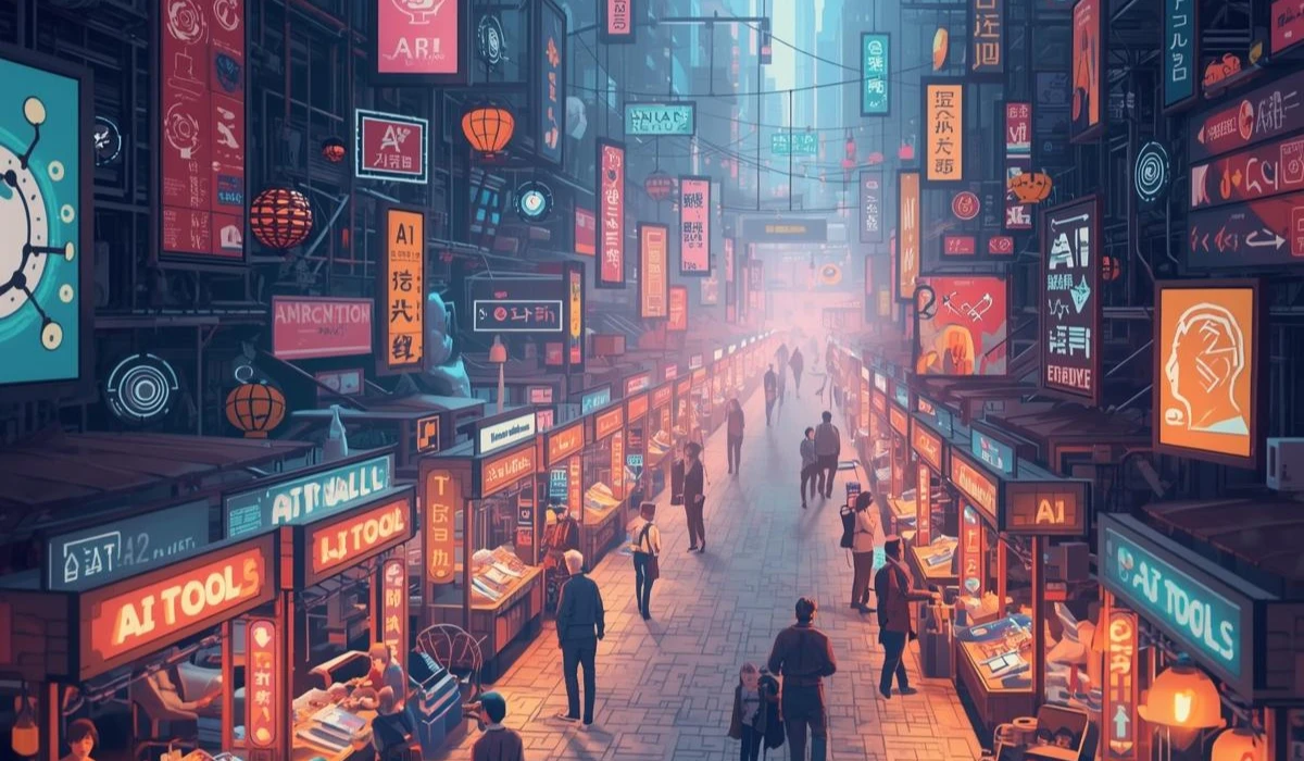 A bustling city street illuminated by neon signs, with people walking and enjoying the vibrant atmosphere.