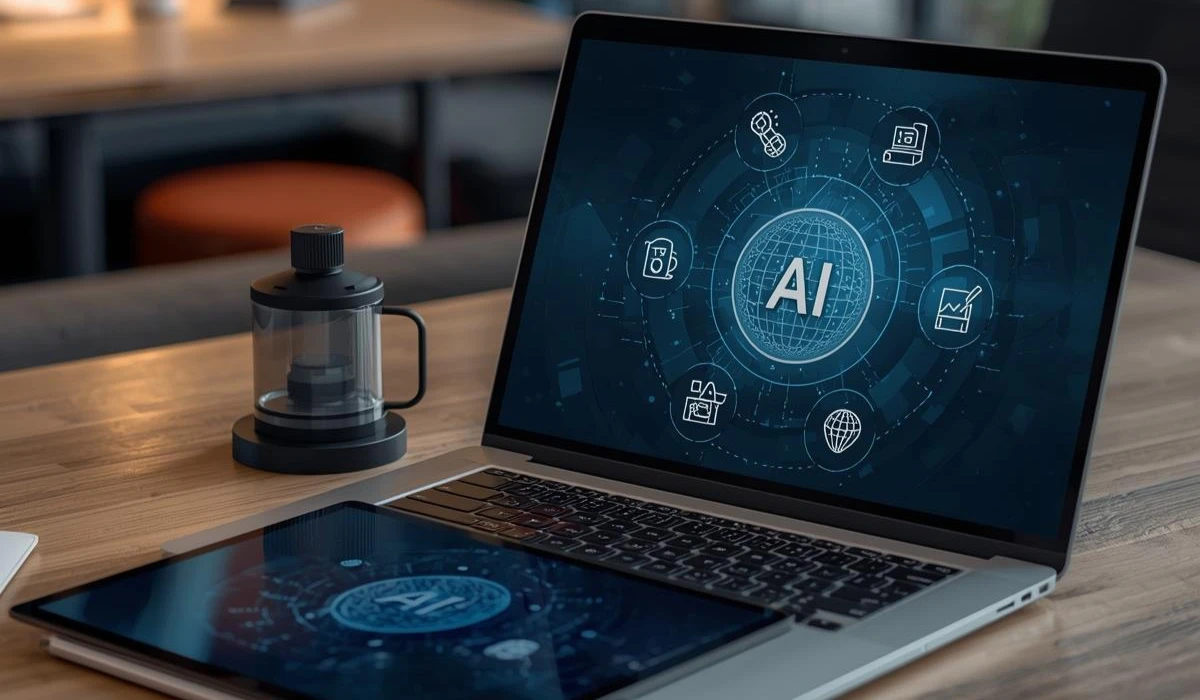 A futuristic workspace featuring AI technology, symbolizing the evolving relationship between AI and the future of work.