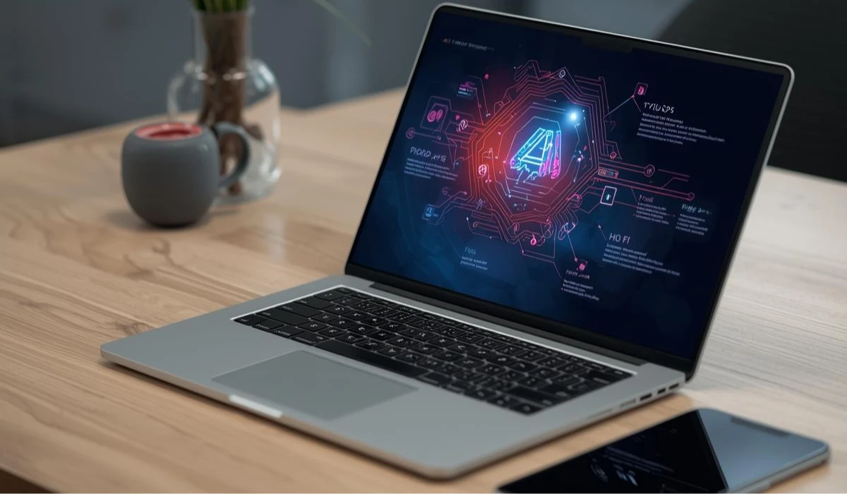 Laptop with a digital display resting on a wooden table, showcasing a modern workspace setup.