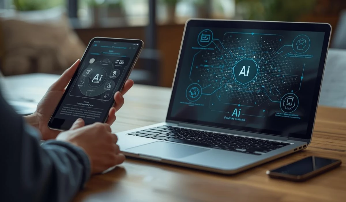 A person interacting with a smartphone, exploring a website featuring a digital interface.