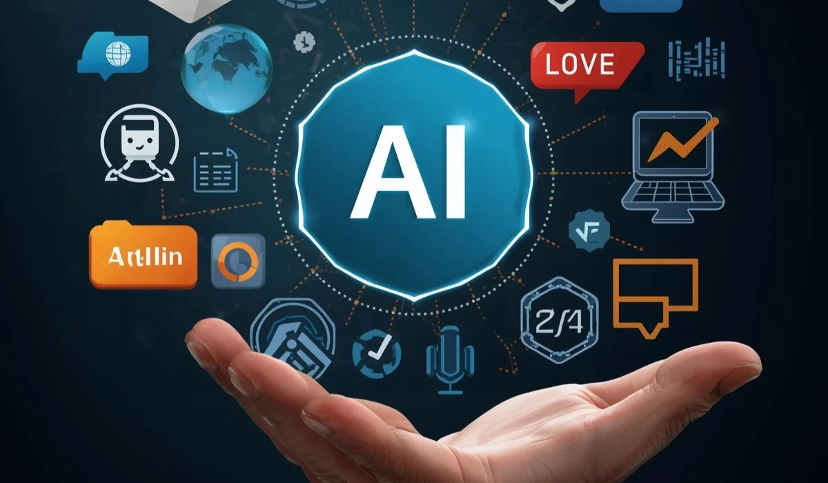 A digital artwork showing AI systems in a workplace, highlighting innovations shaping the future of work environments.