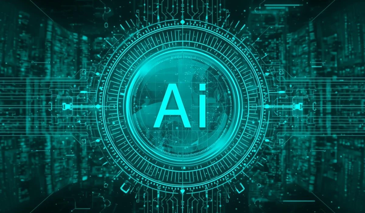 Futuristic business scene showcasing AI technology transforming work processes and enhancing productivity.