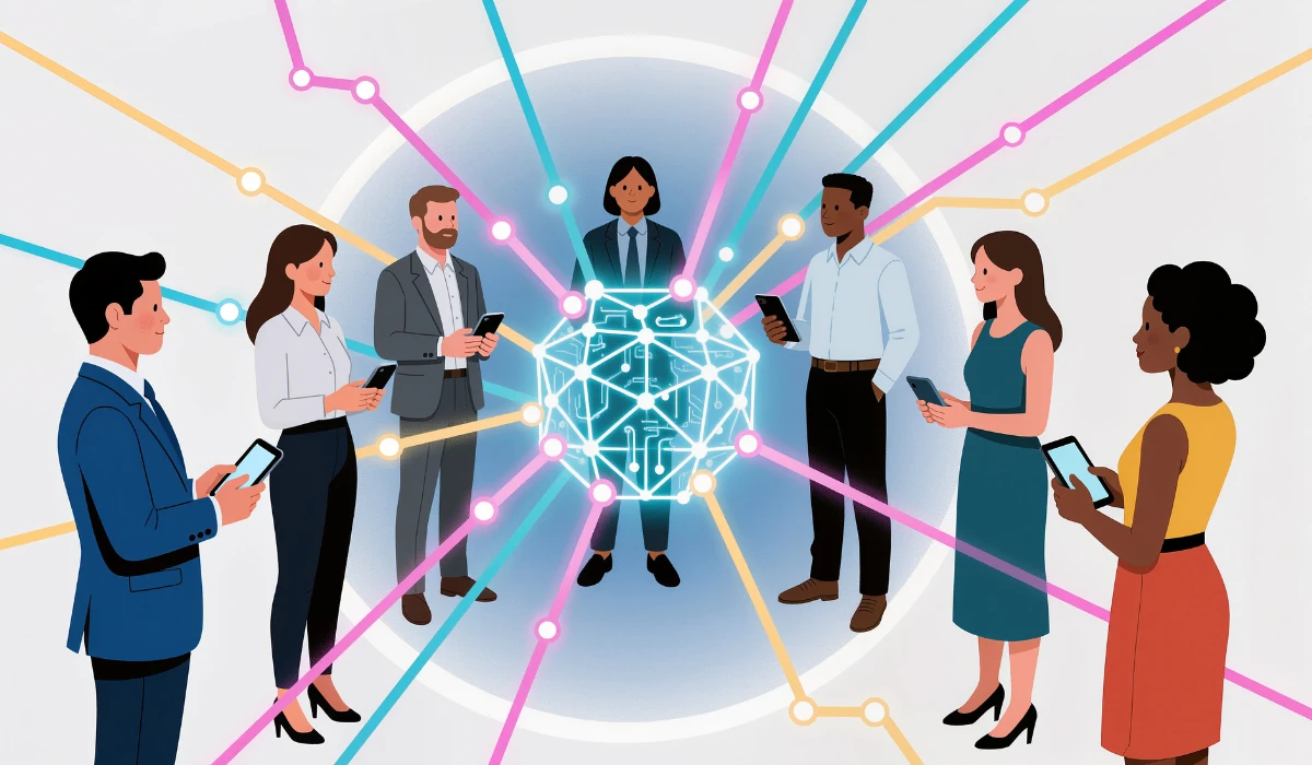 People are clustered around a computer, looking at a graphic of a network of lines, engaged in conversation.