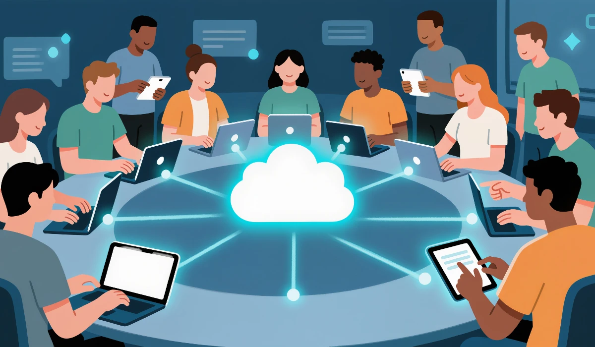 Group of people collaborating at a table with laptops, surrounded by a cloud symbolizing digital connectivity.