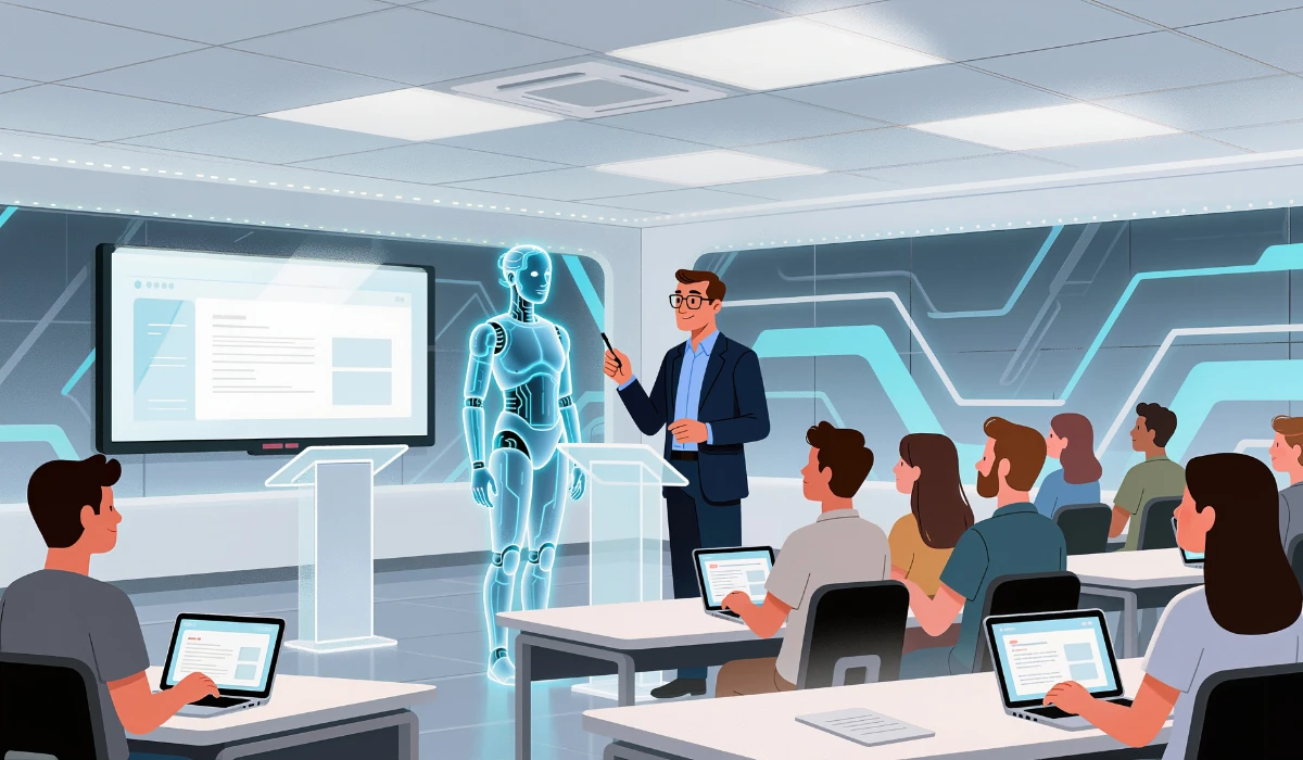 A classroom scene with students at desks and a robot standing in front, engaging the class.