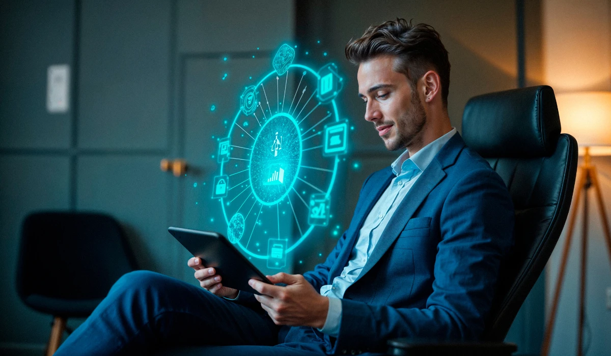 A man dressed in a suit sits comfortably, using a tablet computer while seated in a chair.