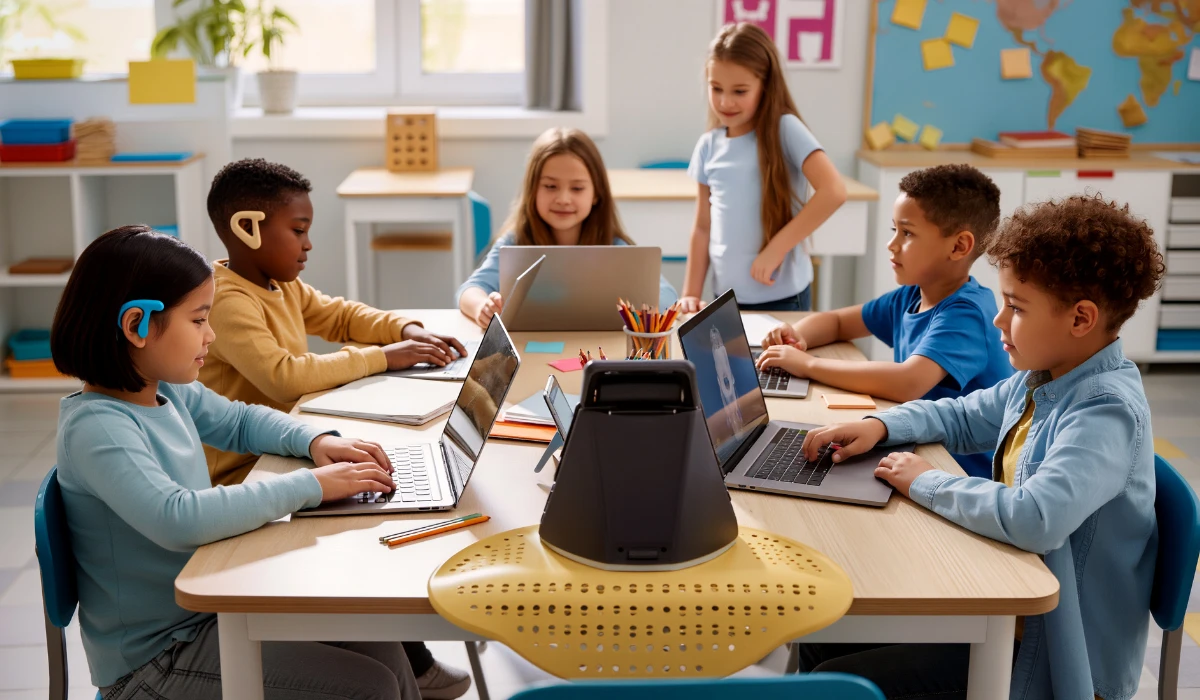 Children engaged at a table, using laptops and a tablet for learning and collaboration.