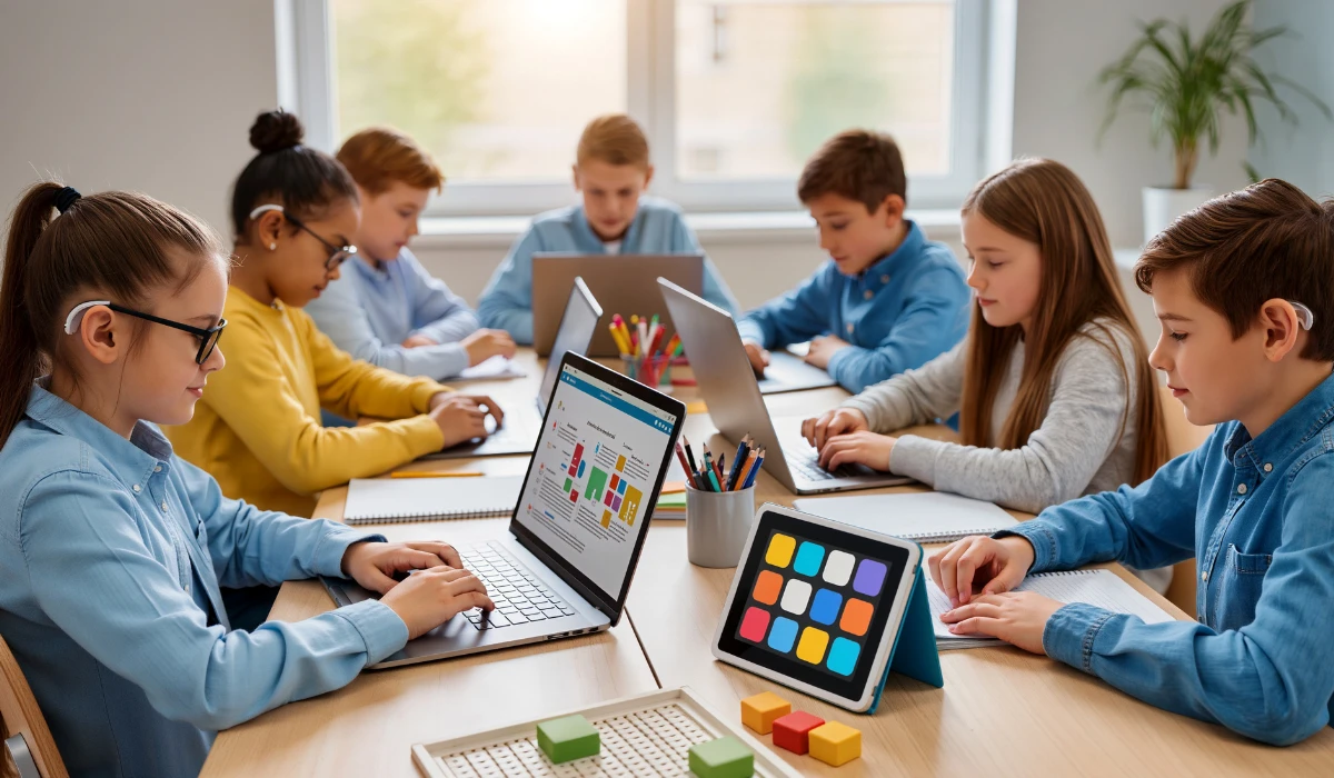 Students working on laptops, immersed in their studies in a cheerful classroom filled with educational materials.