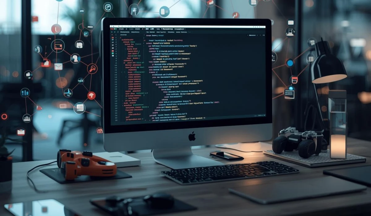 A desk with a computer screen showing lines of code, creating a focused workspace for programming tasks.