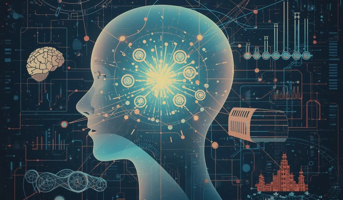 A brain surrounded by a digital network, symbolizing the connection between thought and data.