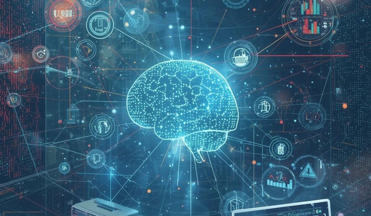 A futuristic city skyline with AI technology elements, symbolizing the advancement of artificial intelligence.