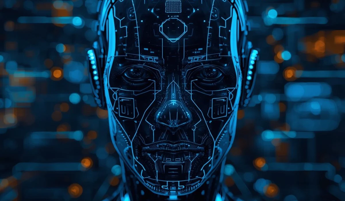 A detailed view of a robot's face, highlighting its sleek design and glowing eyes.
