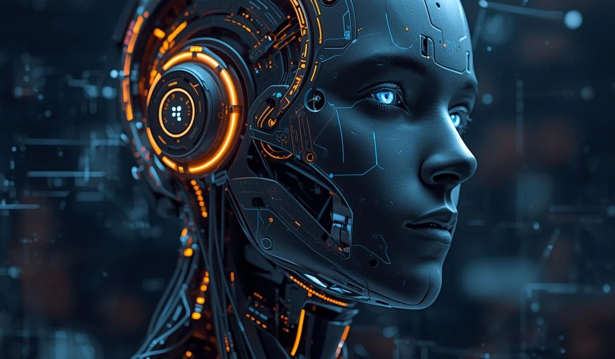 A futuristic cityscape with advanced AI technology, showcasing robots and smart devices integrated into daily life.