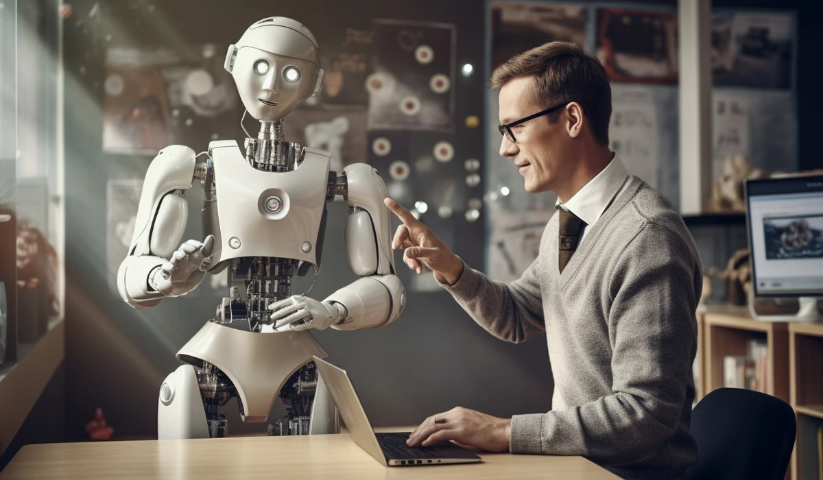 A man points at a robot while standing in front of a laptop, showcasing a tech demonstration or discussion.