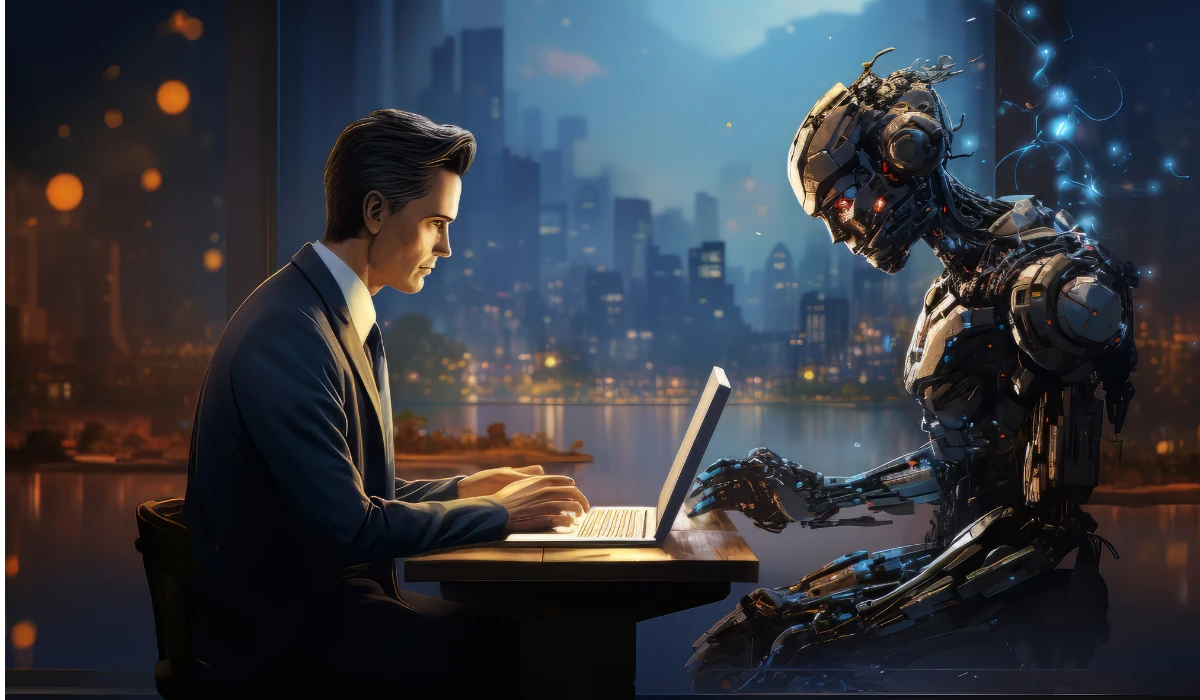 A suited man is seated at a desk, engaged with his laptop computer, appearing professional and concentrated.