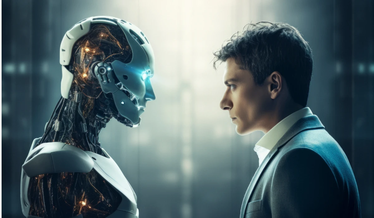 Two men in suits stand facing each other, with a robot positioned between them in a modern setting.