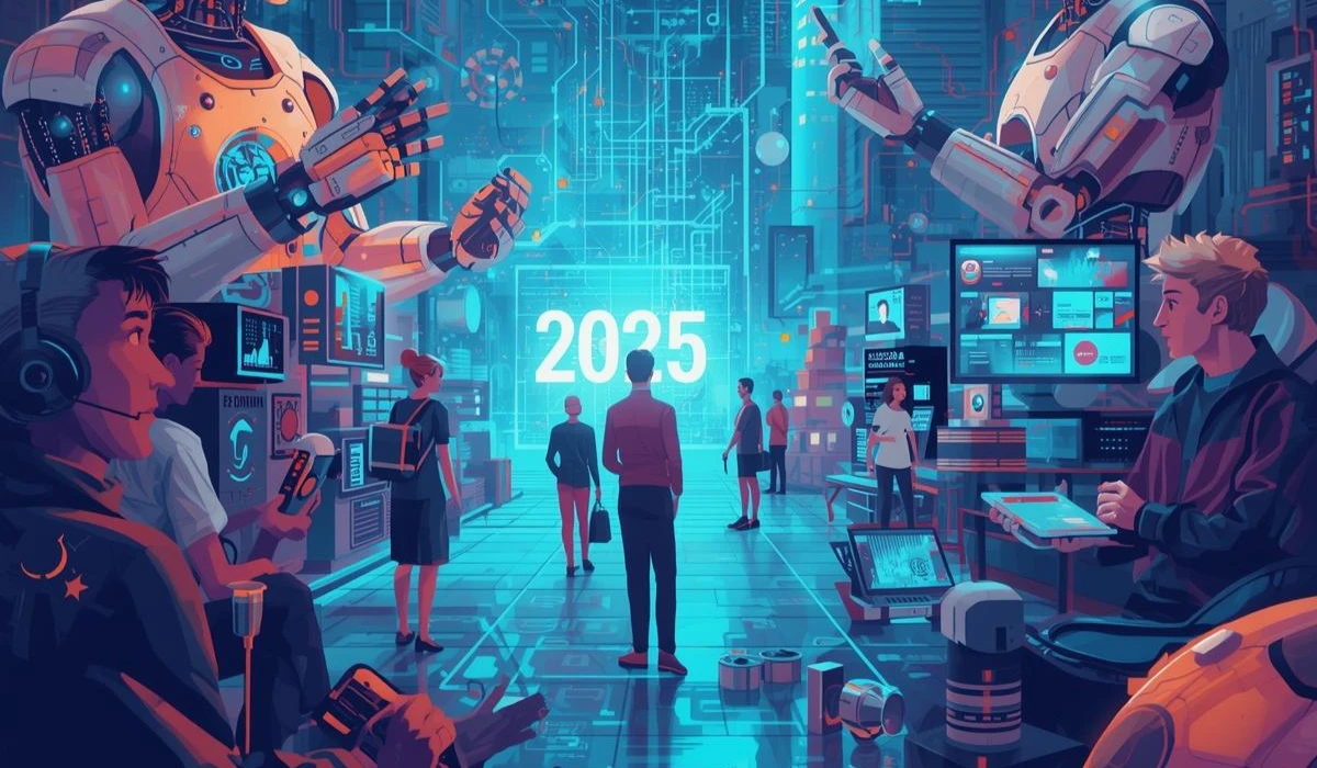 A sleek, futuristic office with digital tools and teamwork, illustrating the concept of the future of work.