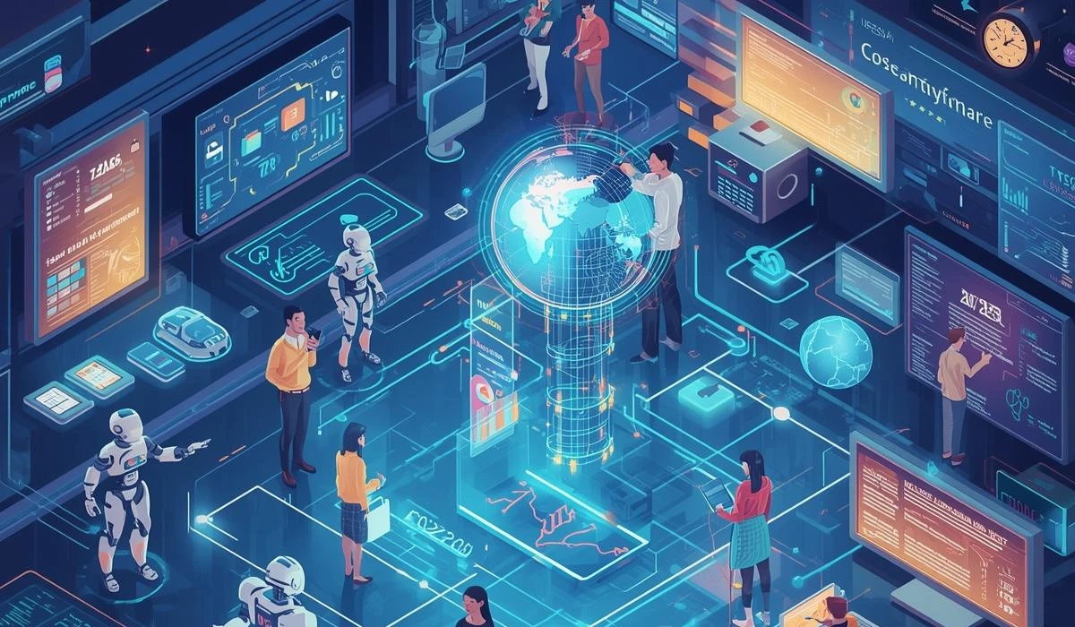 A digital cloud symbol representing the future of work, emphasizing remote collaboration and technology integration.