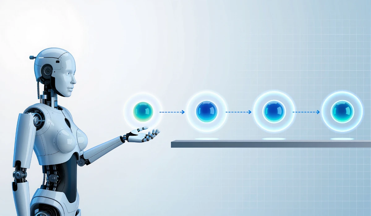 A robot stands beside a computer screen displaying a blue circle, showcasing a tech-friendly environment.