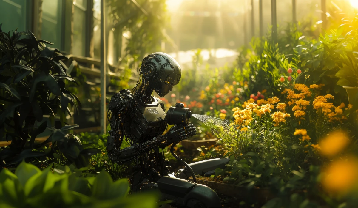 A cheerful robot tending to colorful flowers in a vibrant garden setting.