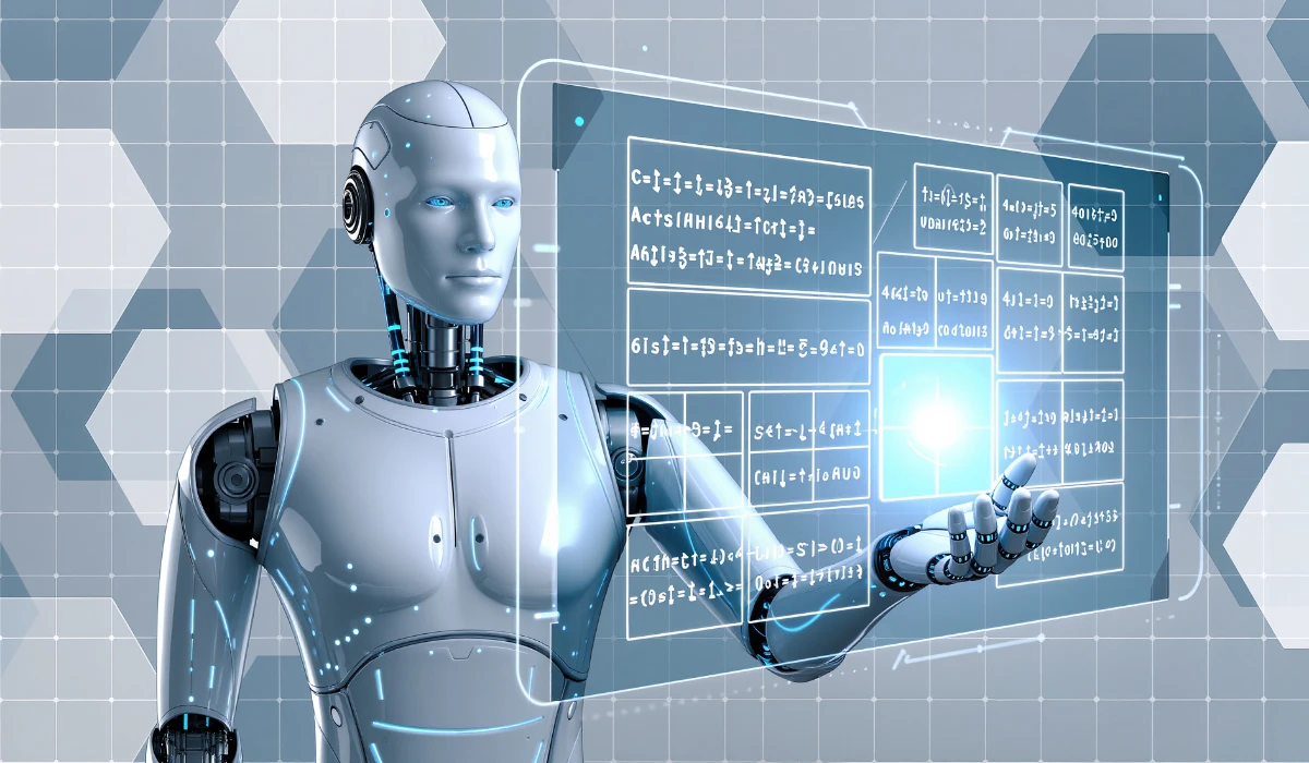 A robot is grasping a tablet that shows a computer screen, highlighting the fusion of robotics and digital technology.